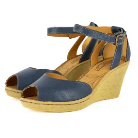 Wanyaza : Ladies Leather High-Heel Wedge Sandal in Denim Cayak