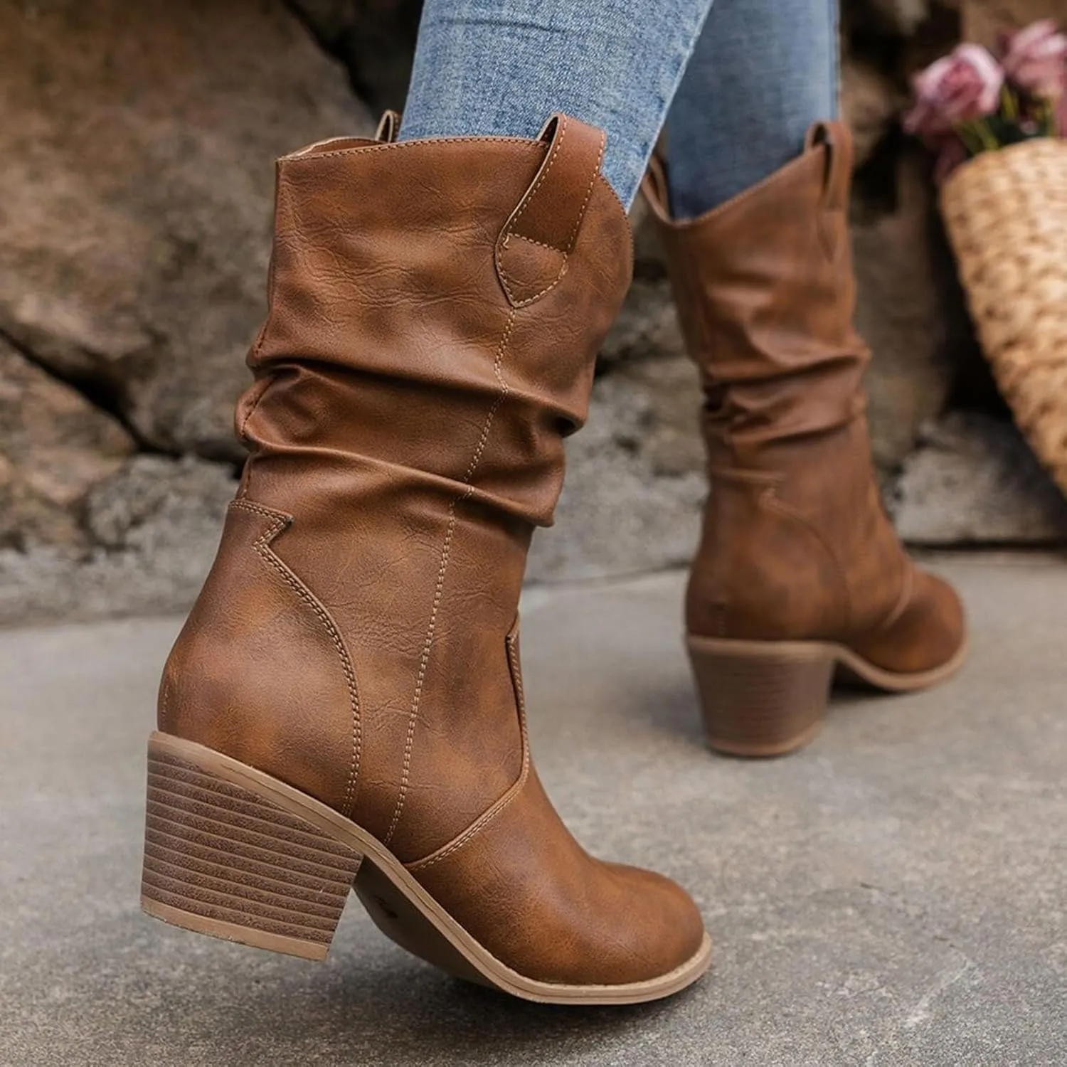 Western Cowboy Boots for Women Durable Stack Heel and Ankle Boot Cowgirll Comfortable Faux Leather Teen Booties