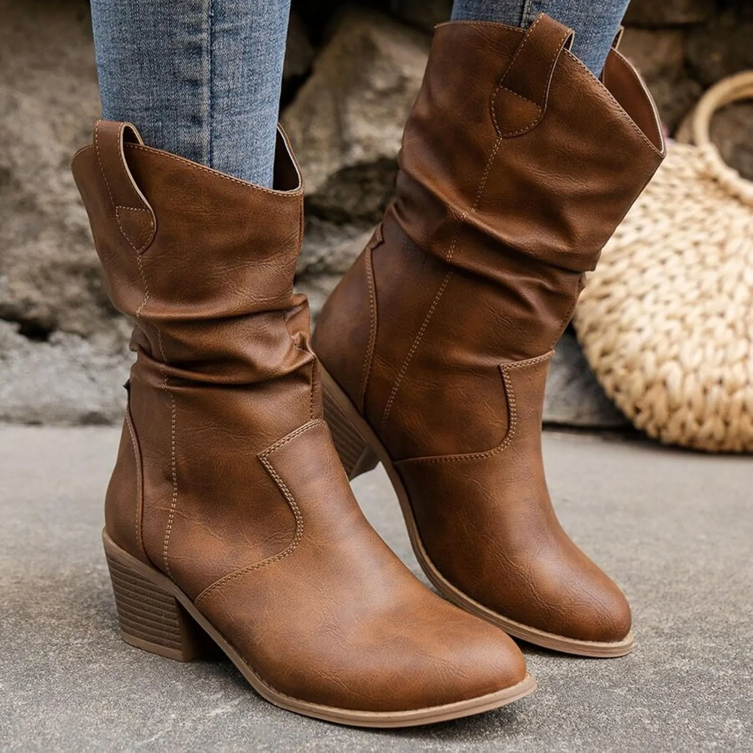 Western Cowboy Boots for Women Durable Stack Heel and Ankle Boot Cowgirll Comfortable Faux Leather Teen Booties