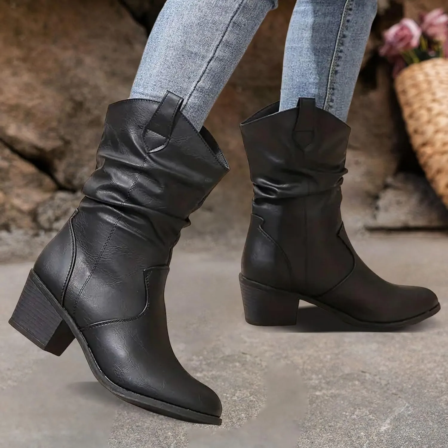 Western Cowboy Boots for Women Durable Stack Heel and Ankle Boot Cowgirll Comfortable Faux Leather Teen Booties