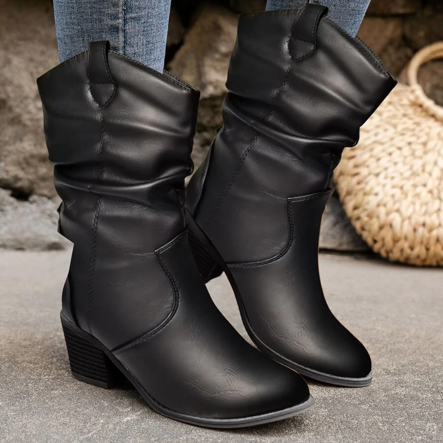 Western Cowboy Boots for Women Durable Stack Heel and Ankle Boot Cowgirll Comfortable Faux Leather Teen Booties