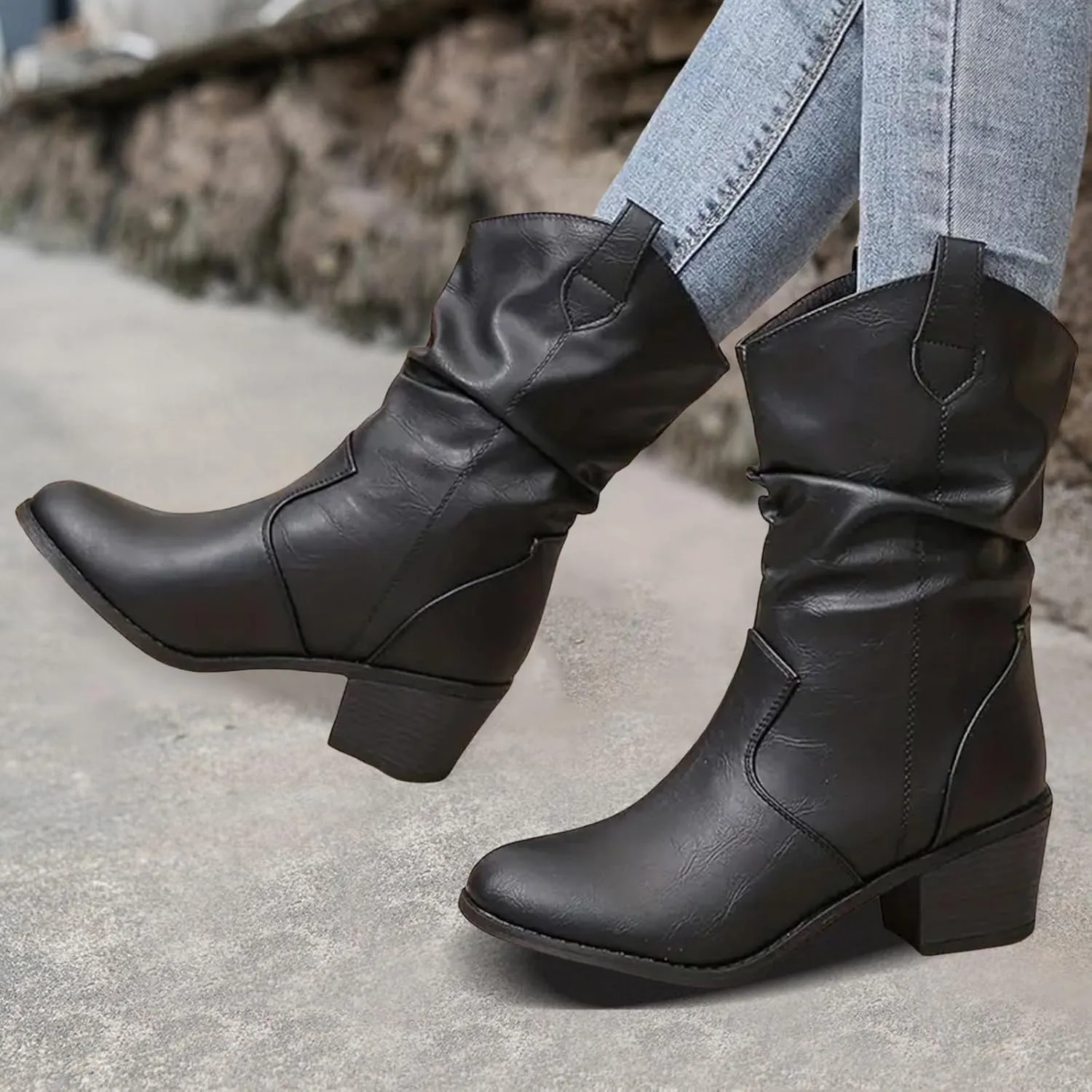 Western Cowboy Boots for Women Durable Stack Heel and Ankle Boot Cowgirll Comfortable Faux Leather Teen Booties