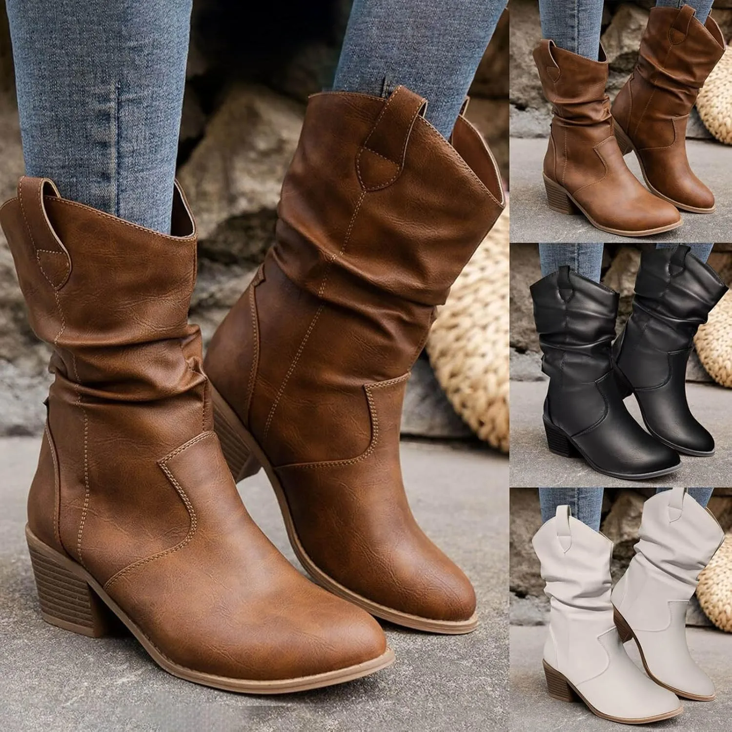 Western Cowboy Boots for Women Durable Stack Heel and Ankle Boot Cowgirll Comfortable Faux Leather Teen Booties