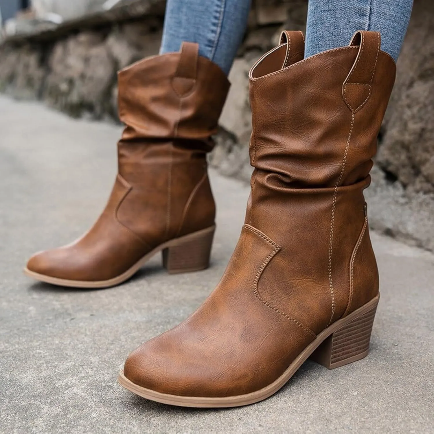 Western Cowboy Boots for Women Durable Stack Heel and Ankle Boot Cowgirll Comfortable Faux Leather Teen Booties