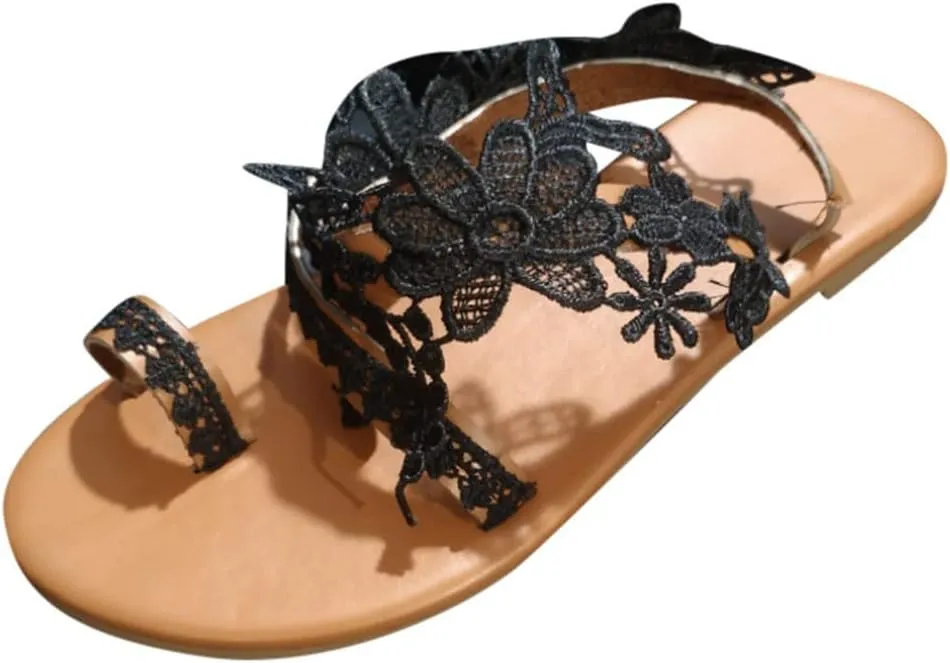 Women's Fashionable Lace Trim Flat Sandals Stylish Lightweight Casual Stylish Lace Floral Beach Flip Flop Comfy Summer Elegant Toe Ring Footwear for Wedding