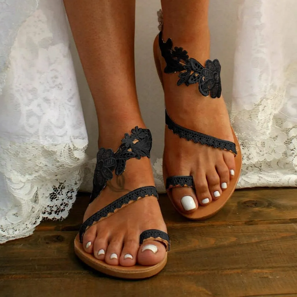 Women's Fashionable Lace Trim Flat Sandals Stylish Lightweight Casual Stylish Lace Floral Beach Flip Flop Comfy Summer Elegant Toe Ring Footwear for Wedding
