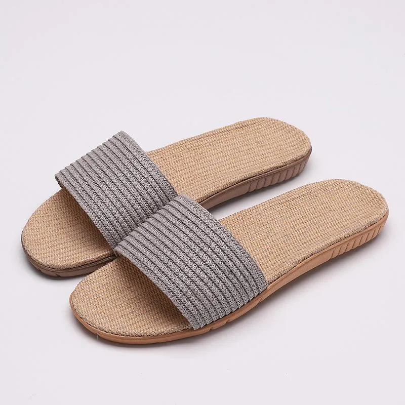 Women's flat flax linen indoor slides non-slip