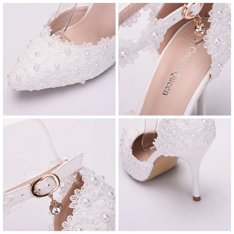 Women's flower lace imitation pearl décor ankle strap wedding heels sandals