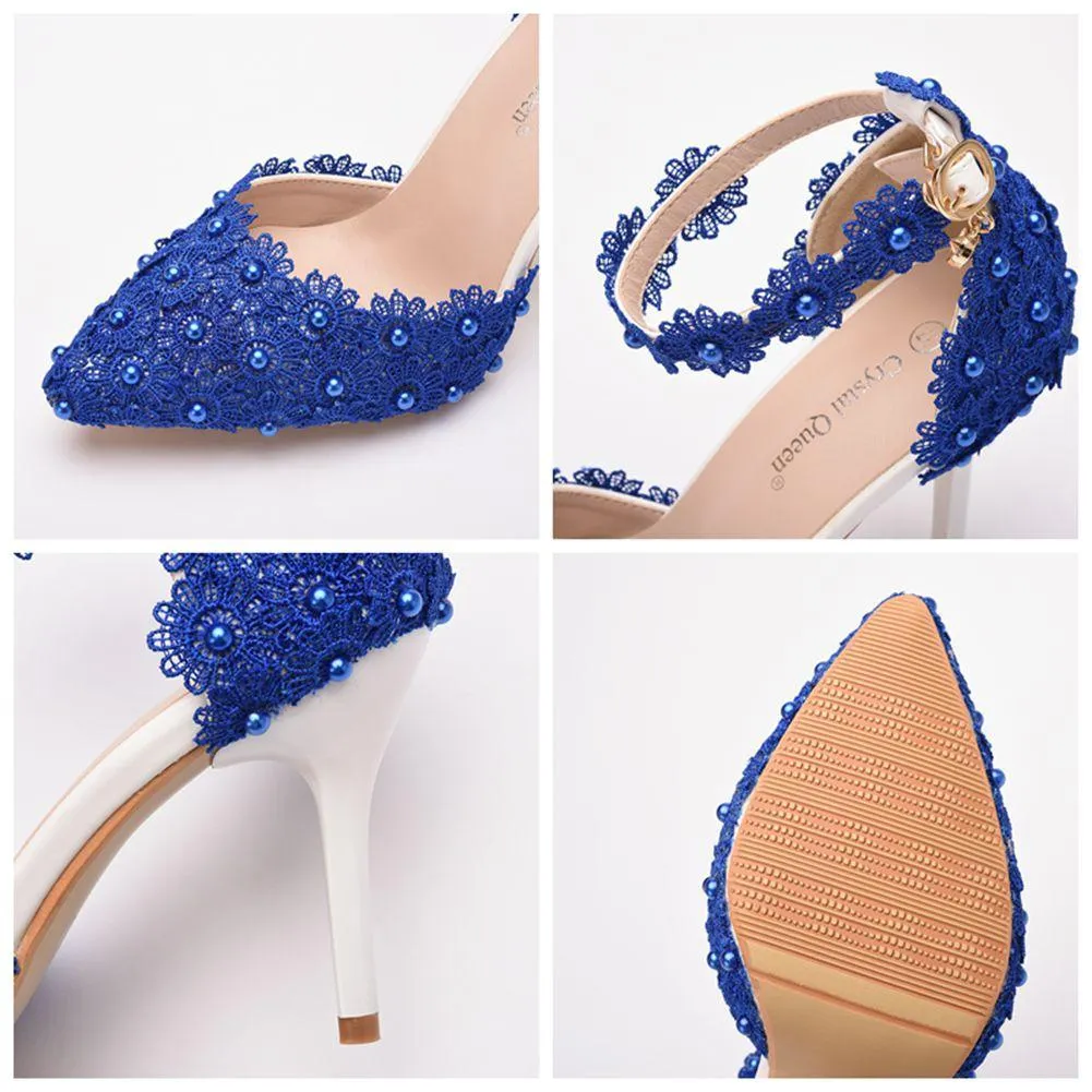 Women's flower lace imitation pearl décor ankle strap wedding heels sandals