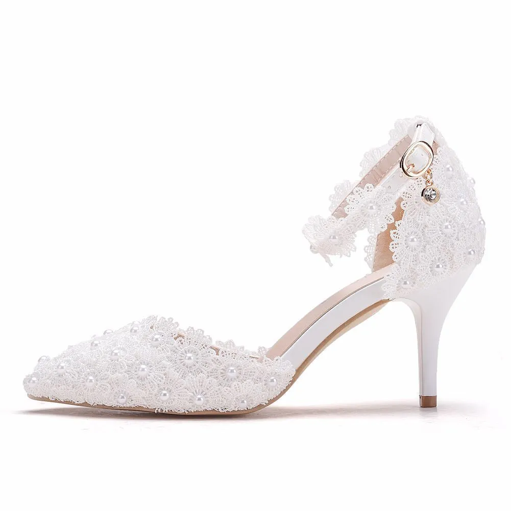 Women's flower lace imitation pearl décor ankle strap wedding heels sandals