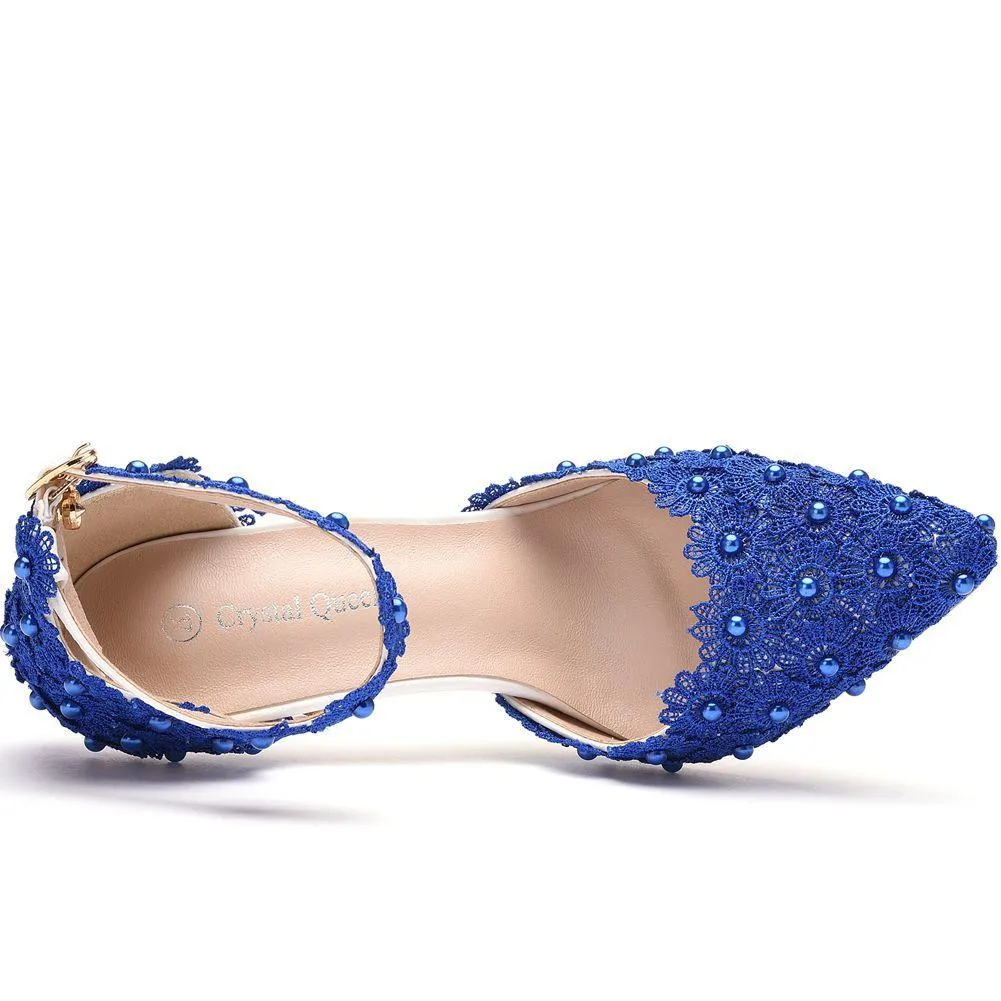 Women's flower lace imitation pearl décor ankle strap wedding heels sandals