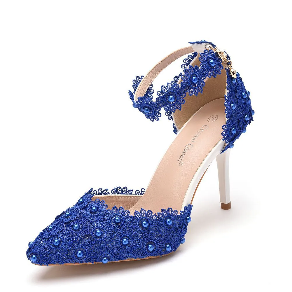 Women's flower lace imitation pearl décor ankle strap wedding heels sandals