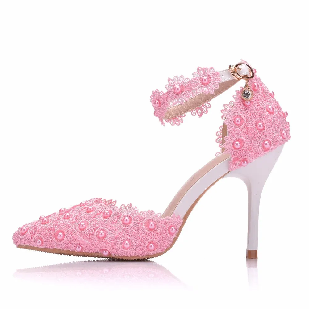 Women's flower lace imitation pearl décor ankle strap wedding heels sandals