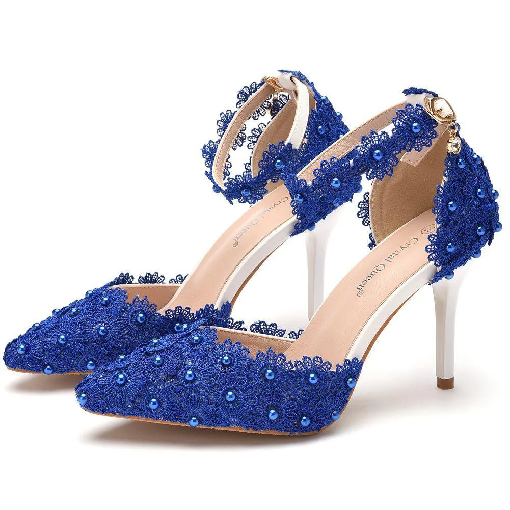 Women's flower lace imitation pearl décor ankle strap wedding heels sandals