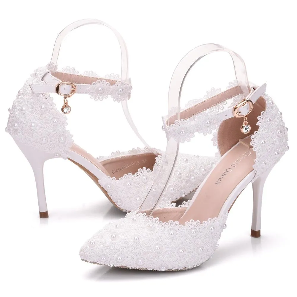 Women's flower lace imitation pearl décor ankle strap wedding heels sandals