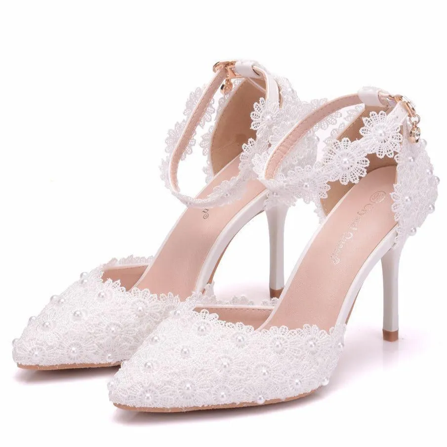 Women's flower lace imitation pearl décor ankle strap wedding heels sandals
