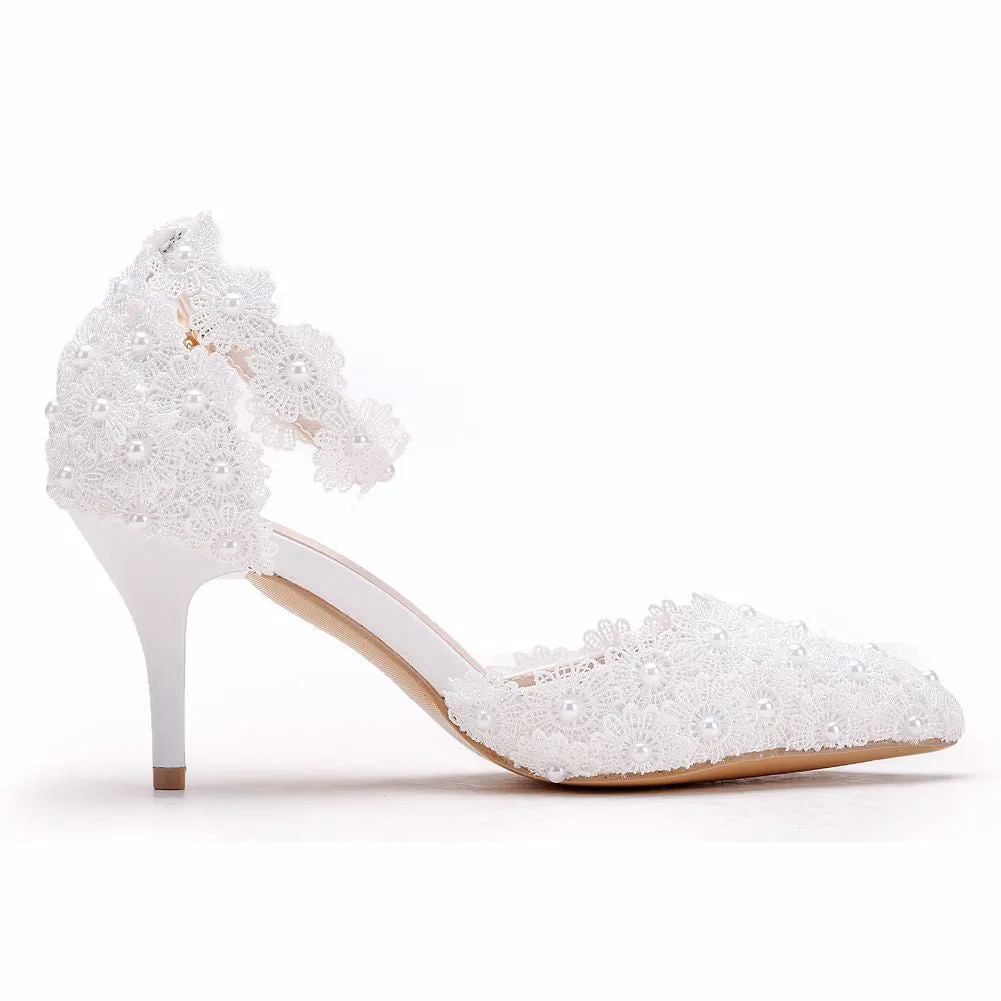 Women's flower lace imitation pearl décor ankle strap wedding heels sandals