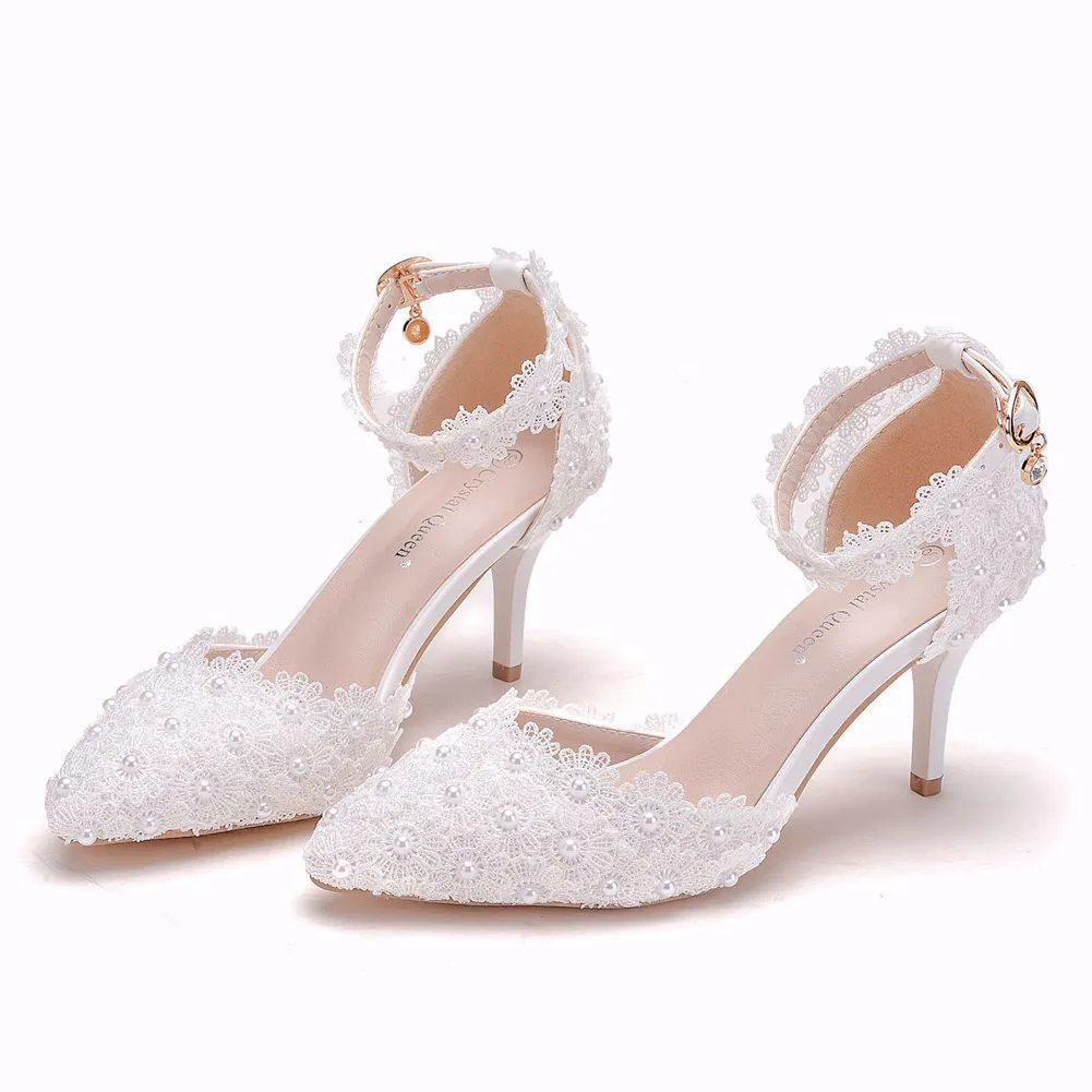 Women's flower lace imitation pearl décor ankle strap wedding heels sandals
