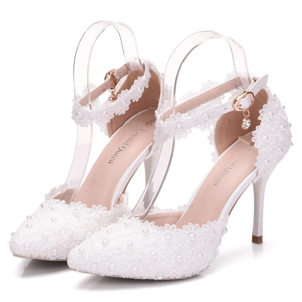Women's flower lace imitation pearl décor ankle strap wedding heels sandals