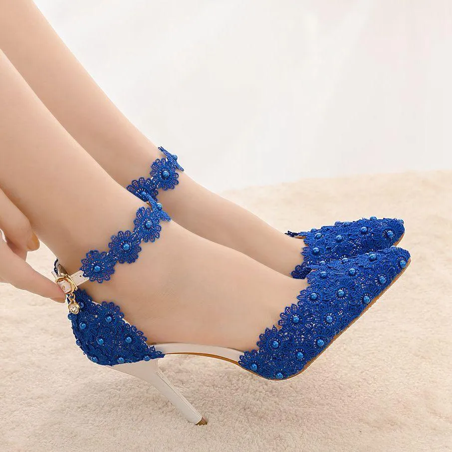 Women's flower lace imitation pearl décor ankle strap wedding heels sandals