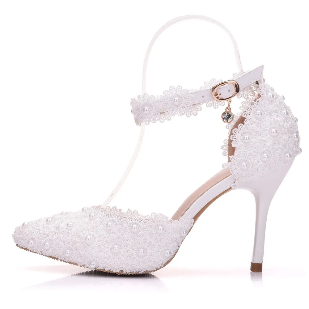 Women's flower lace imitation pearl décor ankle strap wedding heels sandals