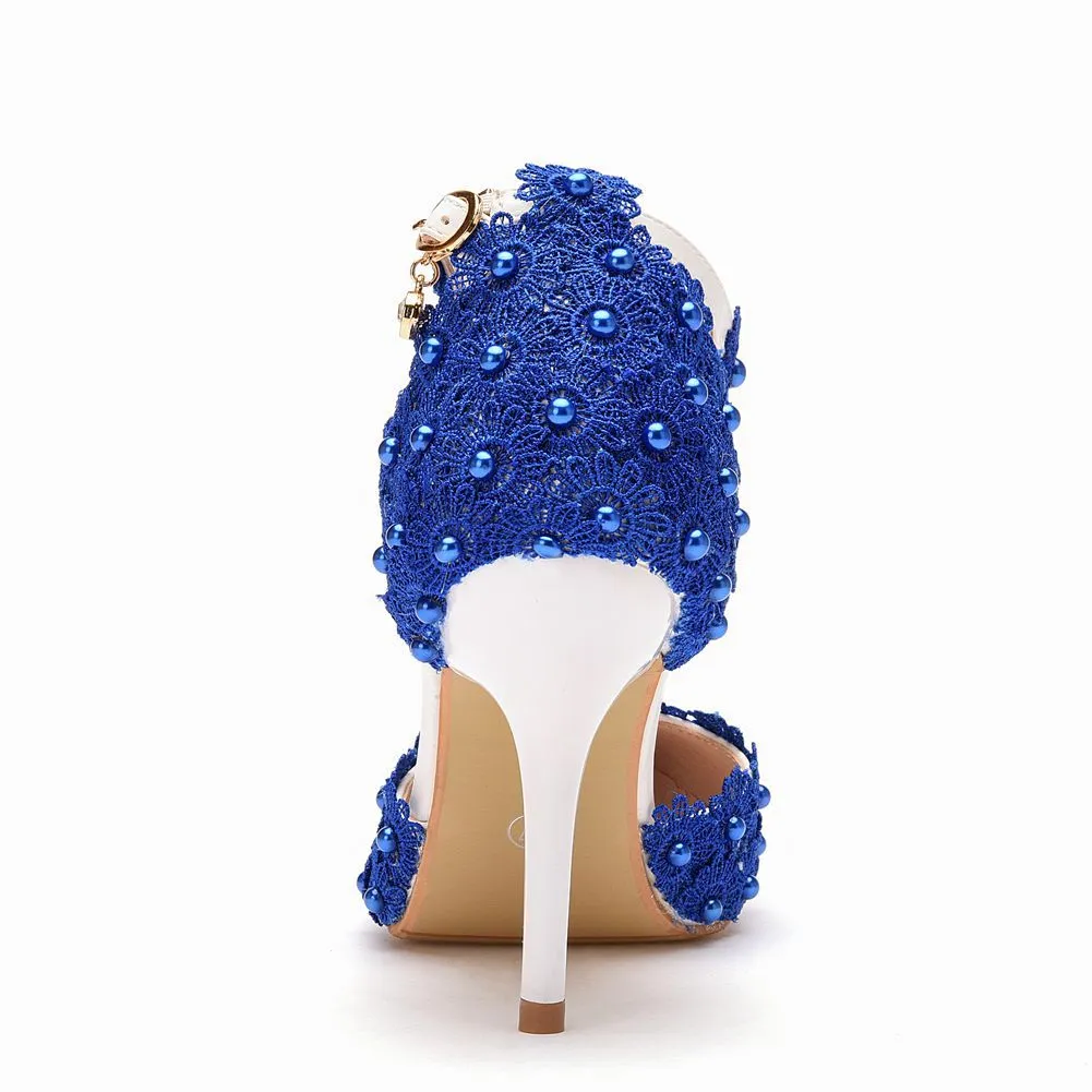 Women's flower lace imitation pearl décor ankle strap wedding heels sandals