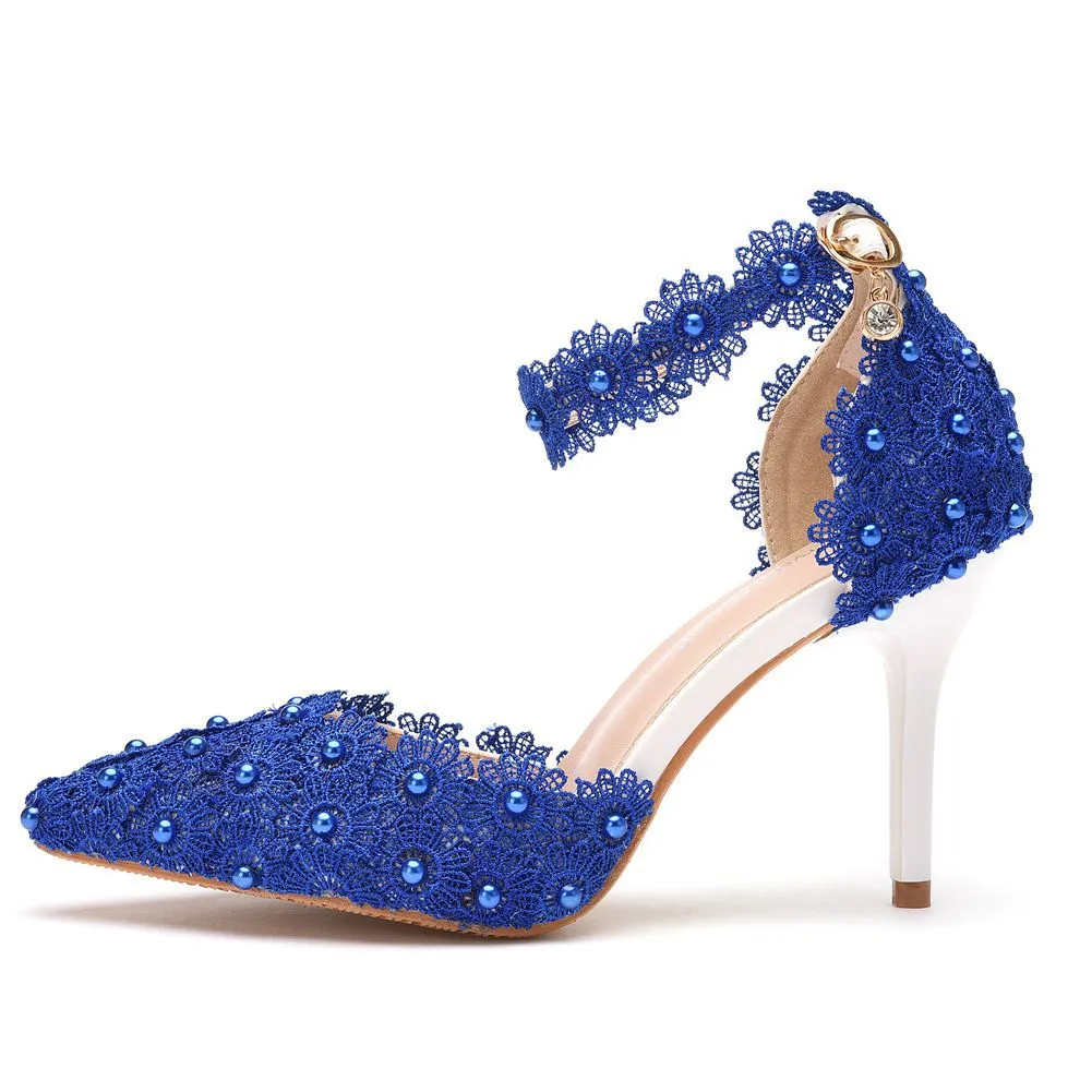 Women's flower lace imitation pearl décor ankle strap wedding heels sandals