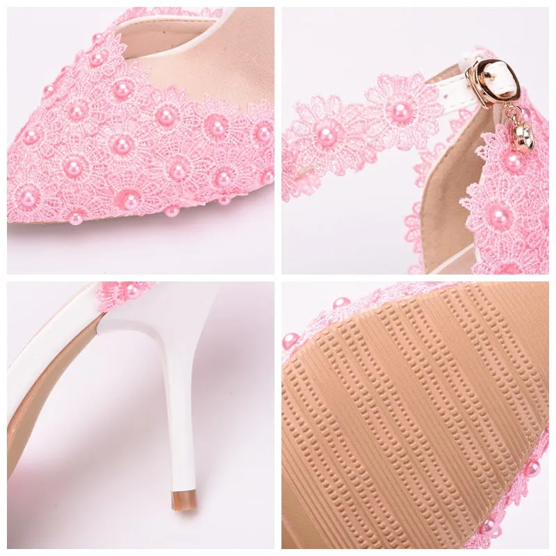 Women's flower lace imitation pearl décor ankle strap wedding heels sandals