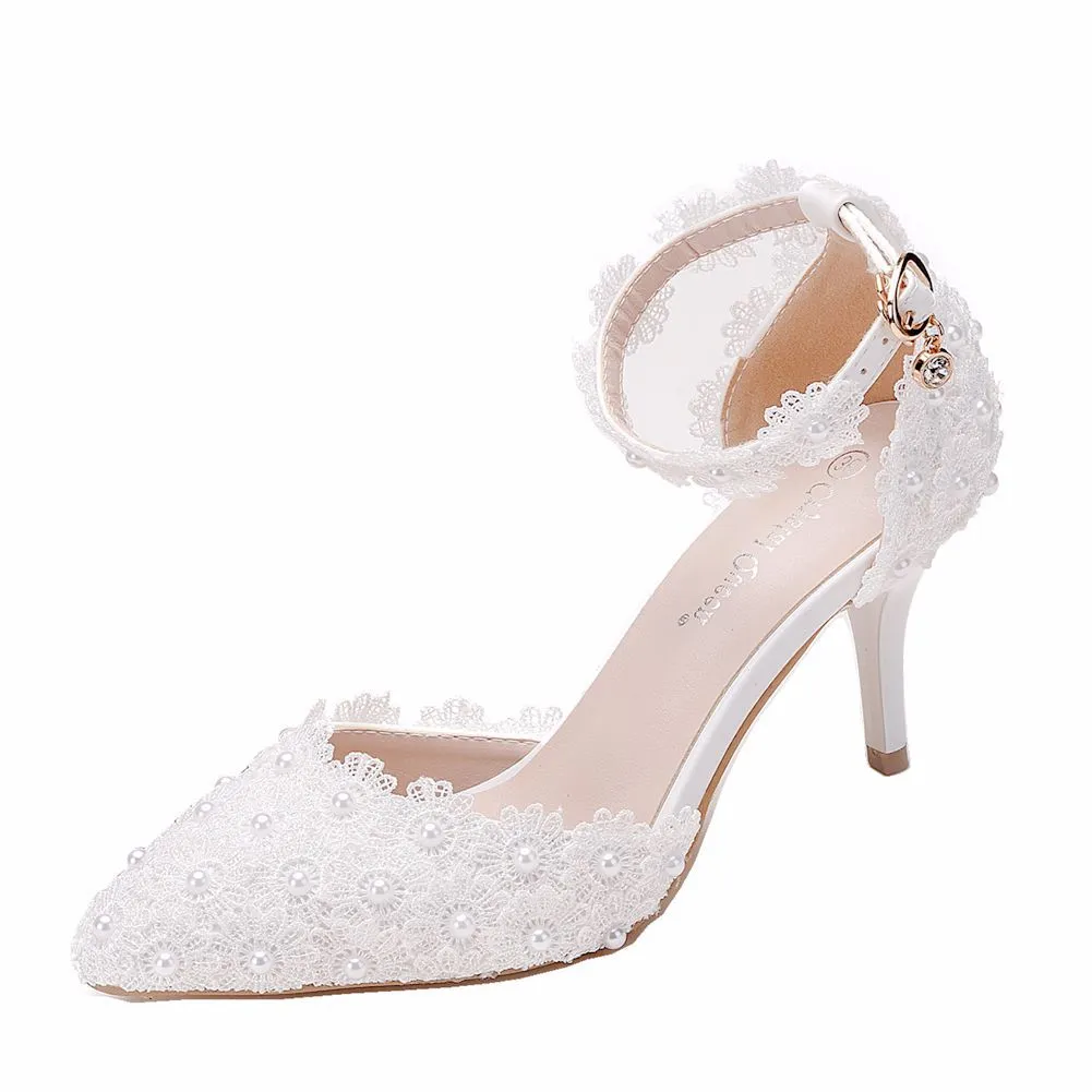 Women's flower lace imitation pearl décor ankle strap wedding heels sandals