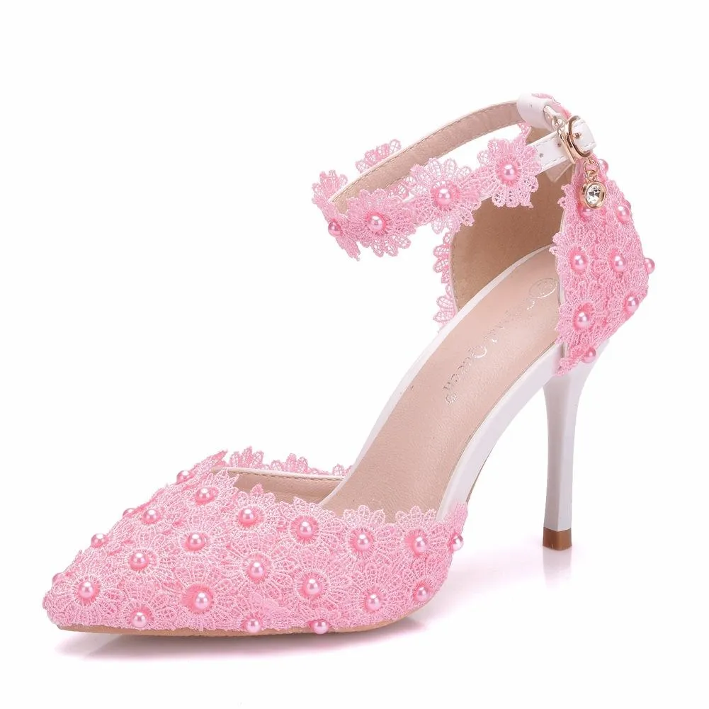 Women's flower lace imitation pearl décor ankle strap wedding heels sandals