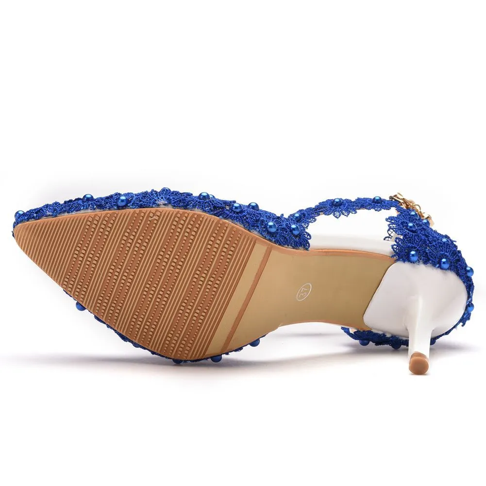 Women's flower lace imitation pearl décor ankle strap wedding heels sandals