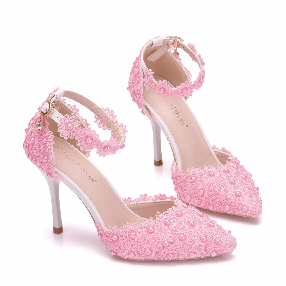 Women's flower lace imitation pearl décor ankle strap wedding heels sandals