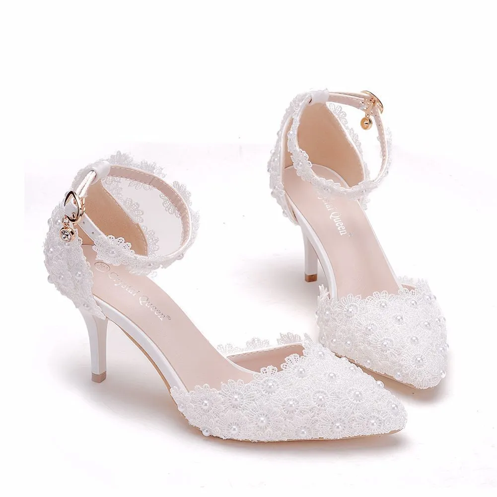 Women's flower lace imitation pearl décor ankle strap wedding heels sandals