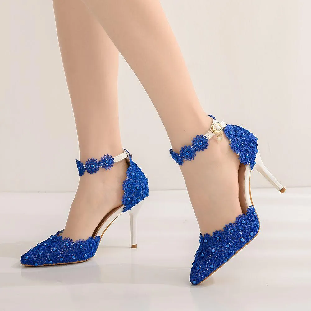 Women's flower lace imitation pearl décor ankle strap wedding heels sandals