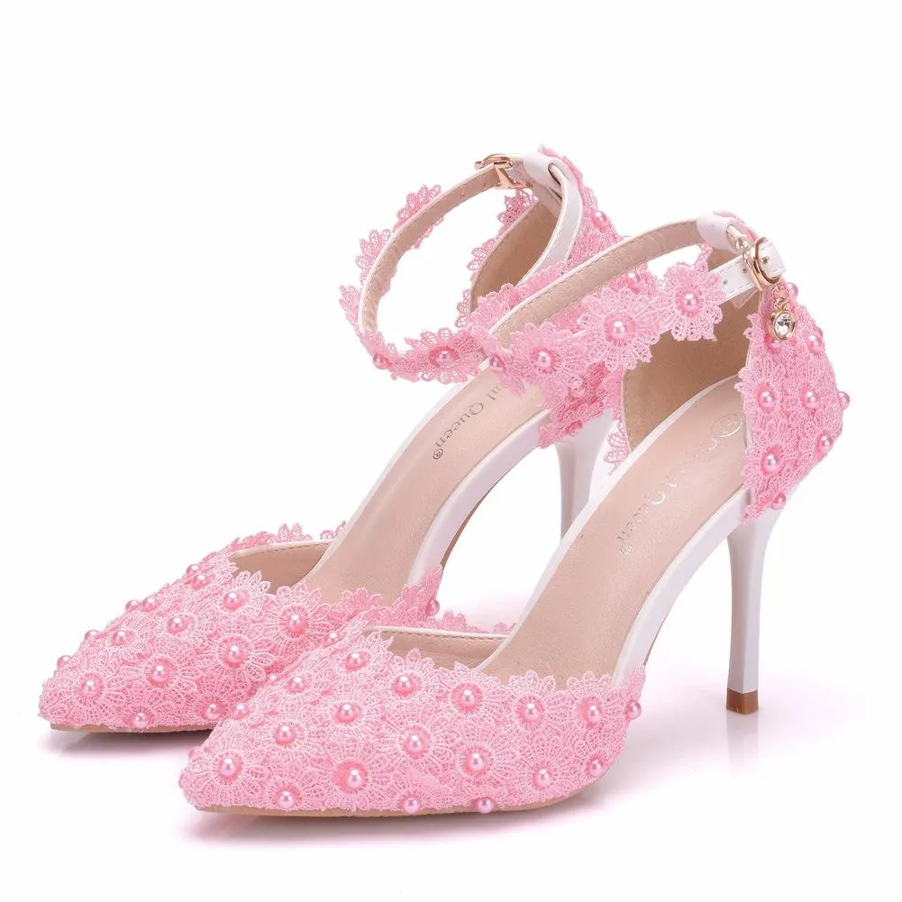 Women's flower lace imitation pearl décor ankle strap wedding heels sandals