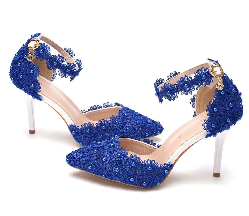 Women's flower lace imitation pearl décor ankle strap wedding heels sandals