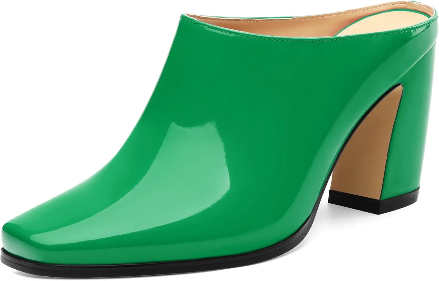 Womens Mules, Patent Square Toe Chunky Heel Mules, Block High Heel High Heeled Mules Shoes, Slip On Mules for Women Dress Party Shoes 3.35 Inch