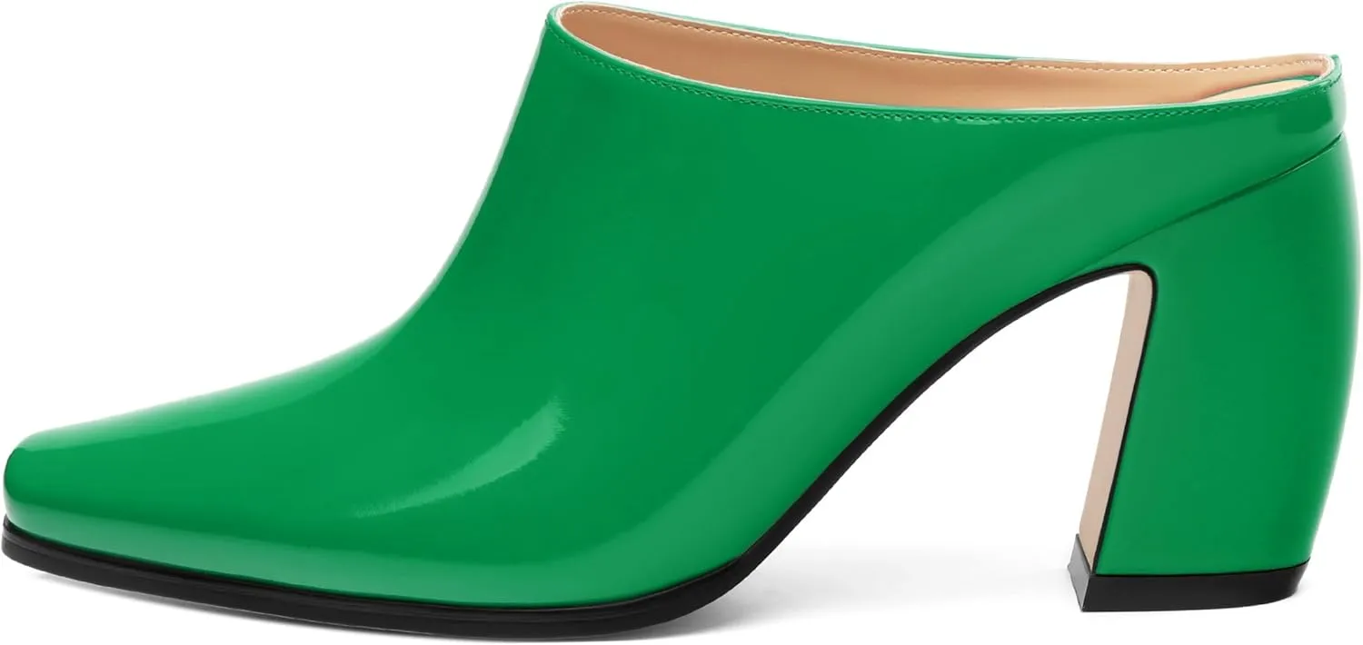 Womens Mules, Patent Square Toe Chunky Heel Mules, Block High Heel High Heeled Mules Shoes, Slip On Mules for Women Dress Party Shoes 3.35 Inch