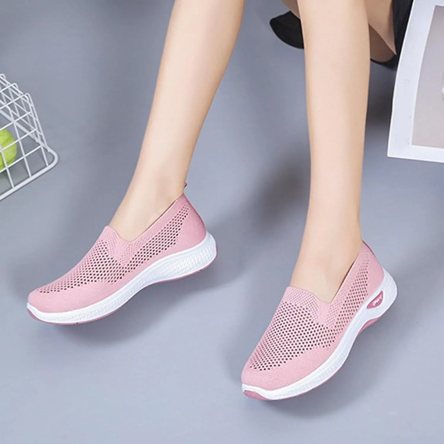 Womens Orthopedic Sneakers Slip on Walking Shoes Breathable Soft Woven Shoe Non-Slip Mesh Up Footwear Lightweight Comfortable Arch Support Sneaker