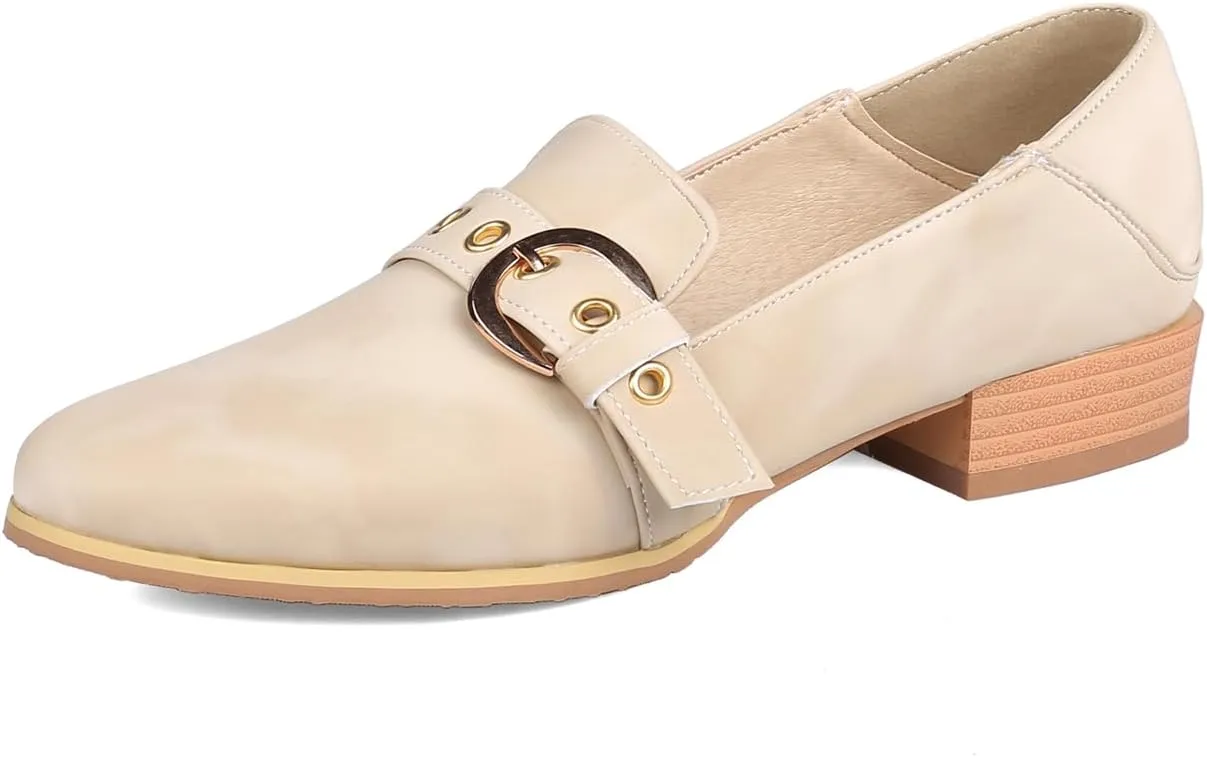 Women's Pointed Closed Toe Pump Loafers Pull-On Chunky Low Heel Metallic Buckle Classic Western Work Office Dress Casual Shoes Comfort Business Party Dating Shopping Daily Wear Pumps