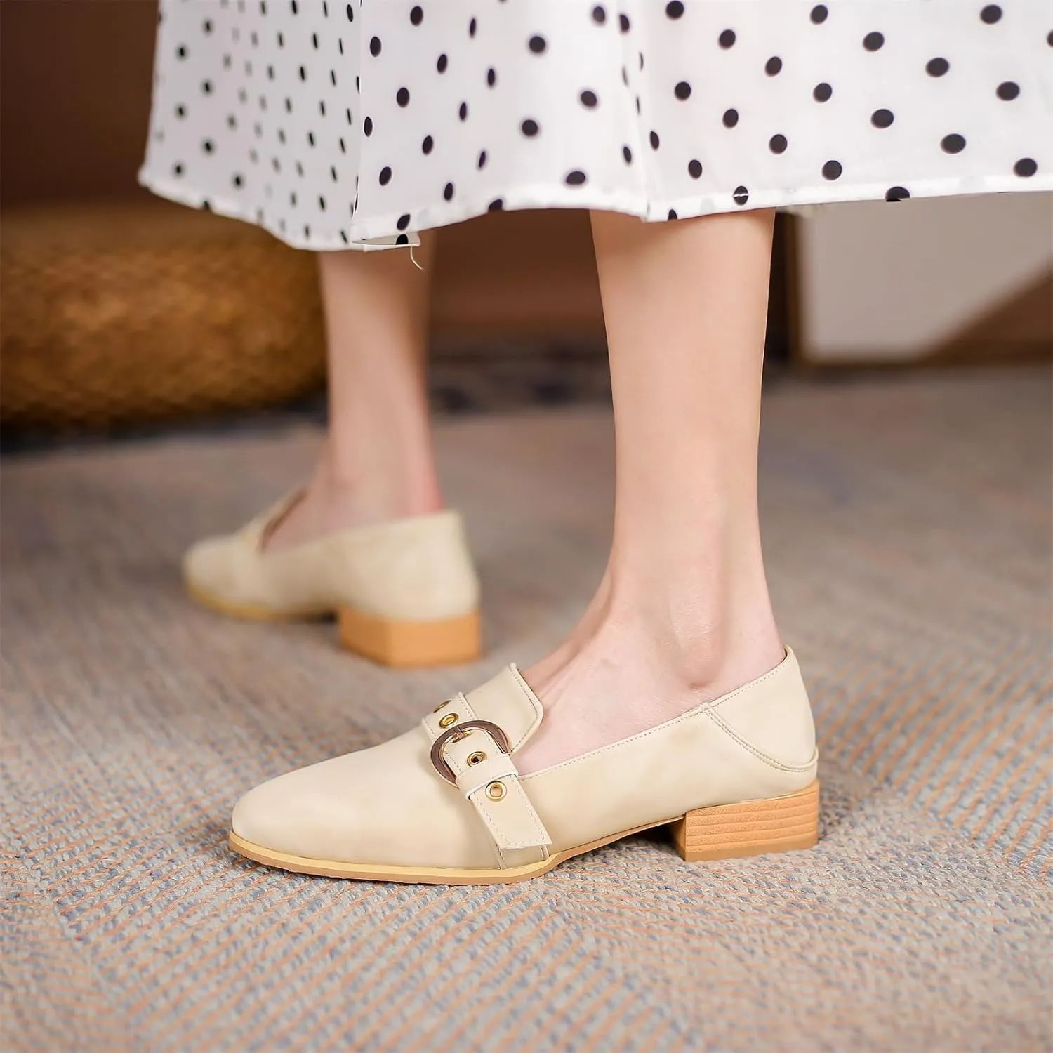 Women's Pointed Closed Toe Pump Loafers Pull-On Chunky Low Heel Metallic Buckle Classic Western Work Office Dress Casual Shoes Comfort Business Party Dating Shopping Daily Wear Pumps