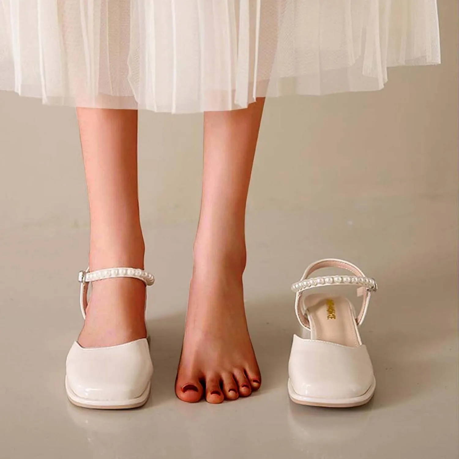 Women's Square Toe Mules Elegant Pearl Beaded Slip On Shoes Ankle Strap Chunky Heels Sandals Backless Loafer Shoes