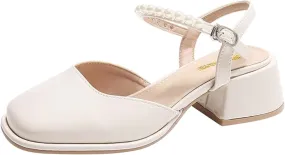 Women's Square Toe Mules Elegant Pearl Beaded Slip On Shoes Ankle Strap Chunky Heels Sandals Backless Loafer Shoes