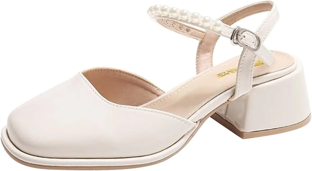 Women's Square Toe Mules Elegant Pearl Beaded Slip On Shoes Ankle Strap Chunky Heels Sandals Backless Loafer Shoes