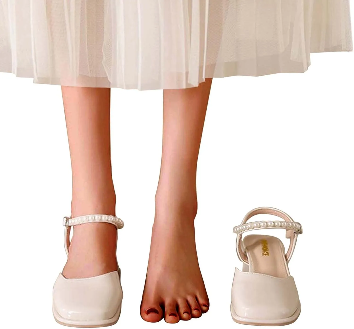 Women's Square Toe Mules Elegant Pearl Beaded Slip On Shoes Ankle Strap Chunky Heels Sandals Backless Loafer Shoes