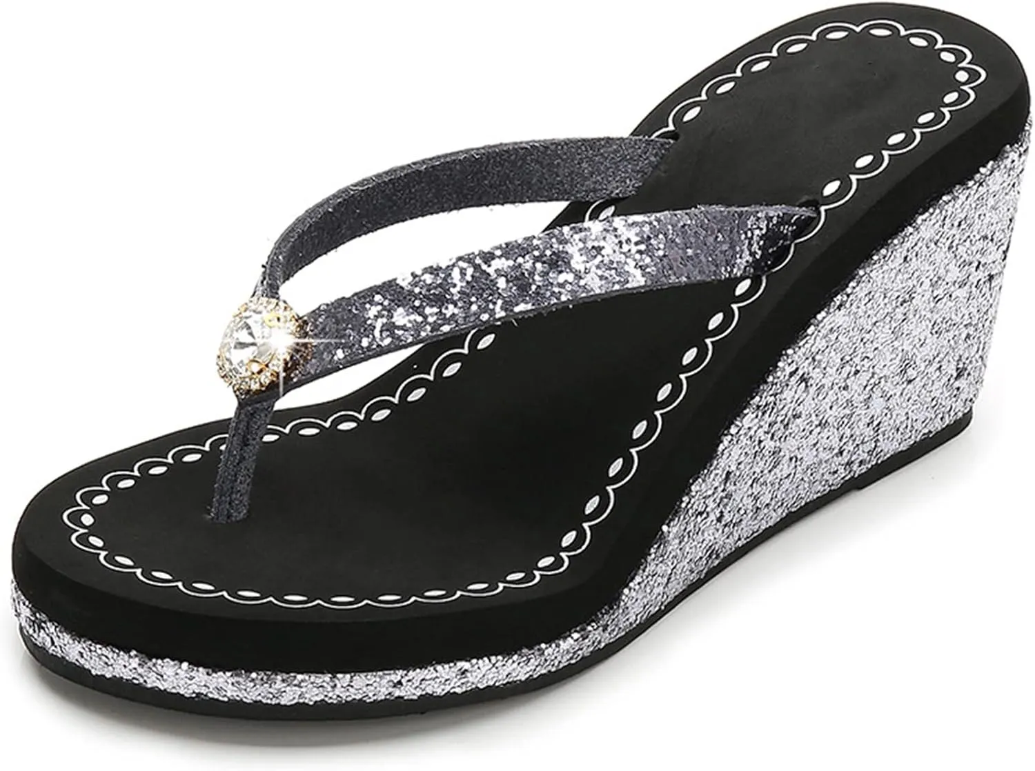 Womens Summer Wedge Platform Flip Flop Open Toe High Heel Flipflops Non-Slip Rhinestones Glitter Gem Sparkling Beach Sandals (Black B,8)