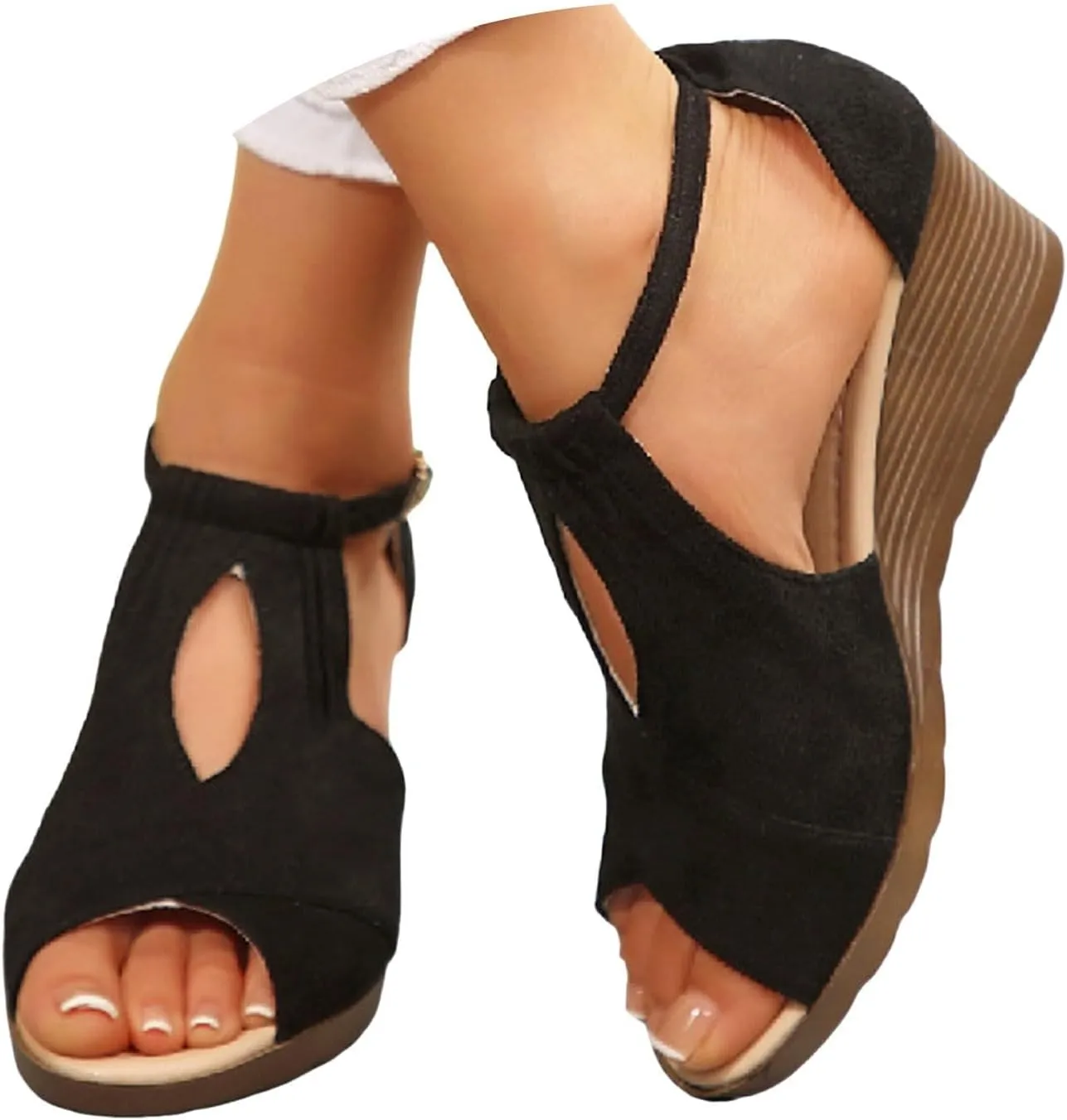 Womens Wedges Sandals Stylish Open Toe Cutout Ankle Strap Sandals Casual Walking Comfortable High Heels Summer Beach Soft Sandal