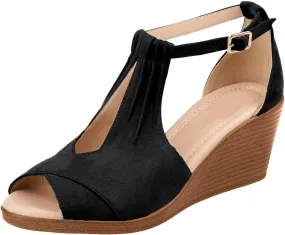 Womens Wedges Sandals Stylish Open Toe Cutout Ankle Strap Sandals Casual Walking Comfortable High Heels Summer Beach Soft Sandal