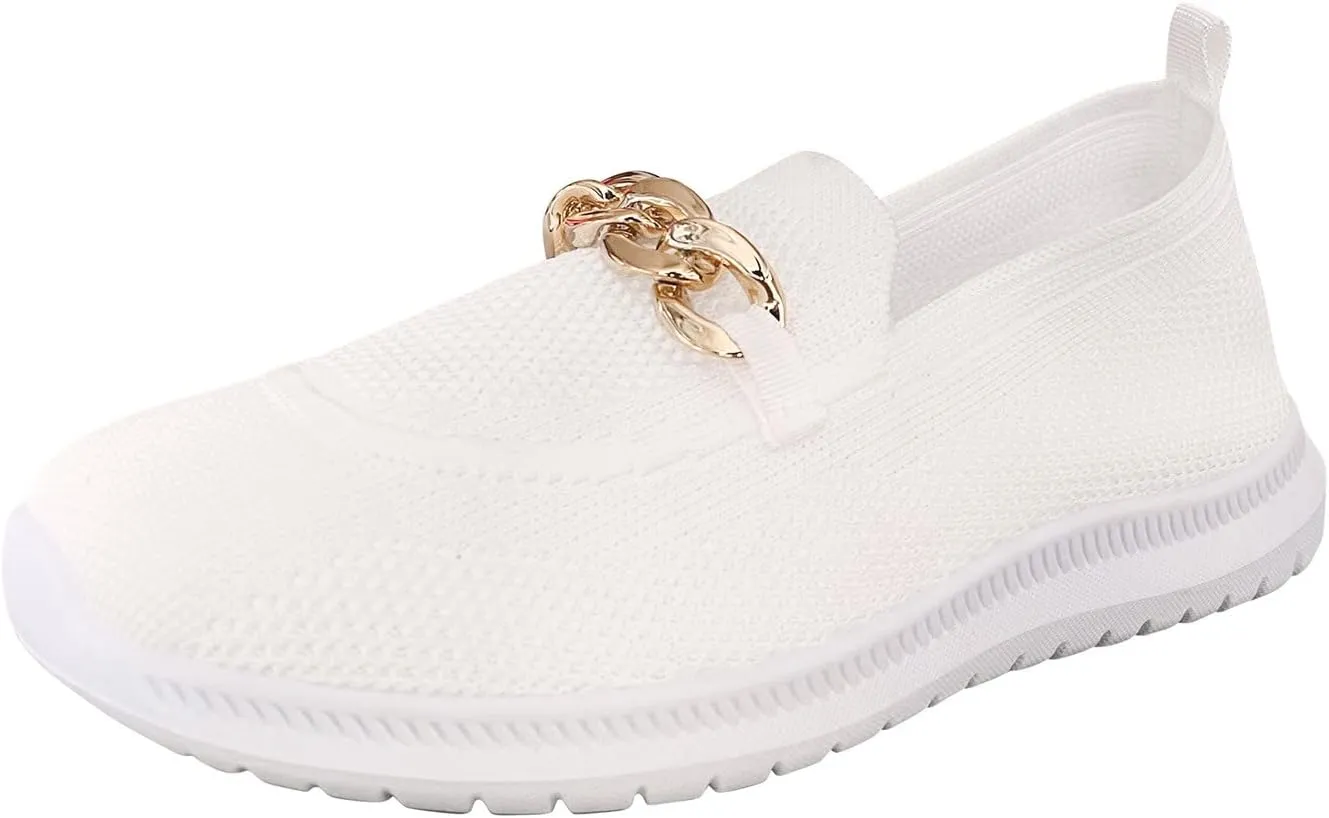 Yanzhenglip Flat Shoes for Women 2025 Womens Flat Sneakers Casual Mesh Metal Chain Low Top Canvas Shoes Comfortable Platform Loafers for Women Walking Shoe (White, 8.5)