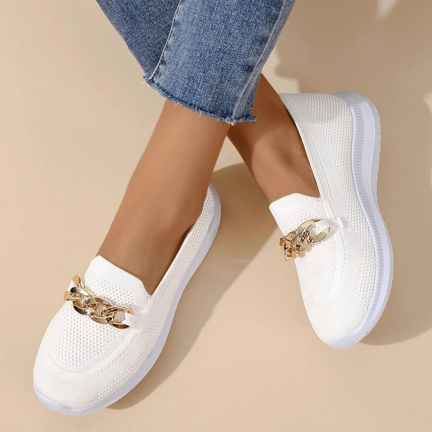 Yanzhenglip Flat Shoes for Women 2025 Womens Flat Sneakers Casual Mesh Metal Chain Low Top Canvas Shoes Comfortable Platform Loafers for Women Walking Shoe (White, 8.5)